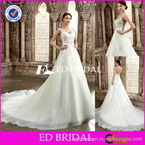 BN91 Wholesale Low Back Srtaps Appliqued Organza Court Train Wedding Dress Patterns Free